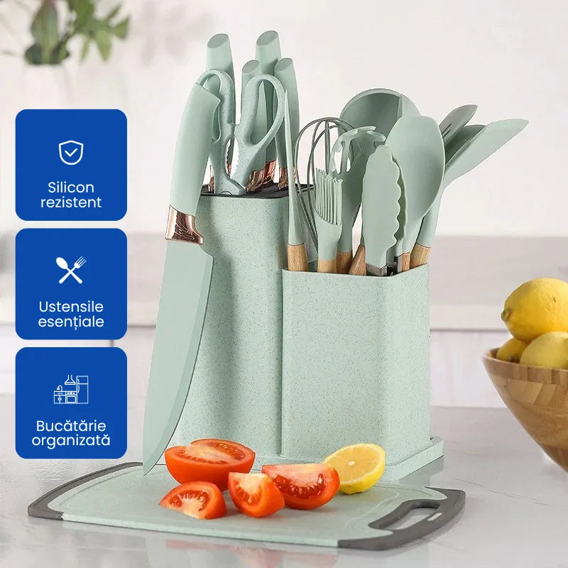 Set Profesional cu 19 Ustensile din Silicon și Lemn pentru Bucătărie