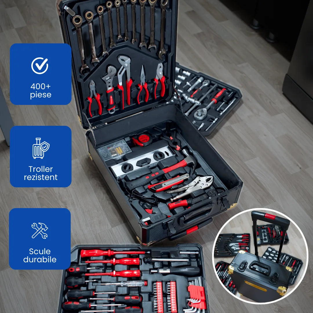 Trusă de Scule Profesională cu 409 Piese în Troller de Aluminiu