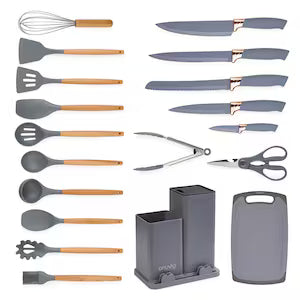 Set Profesional cu 19 Ustensile din Silicon și Lemn pentru Bucătărie