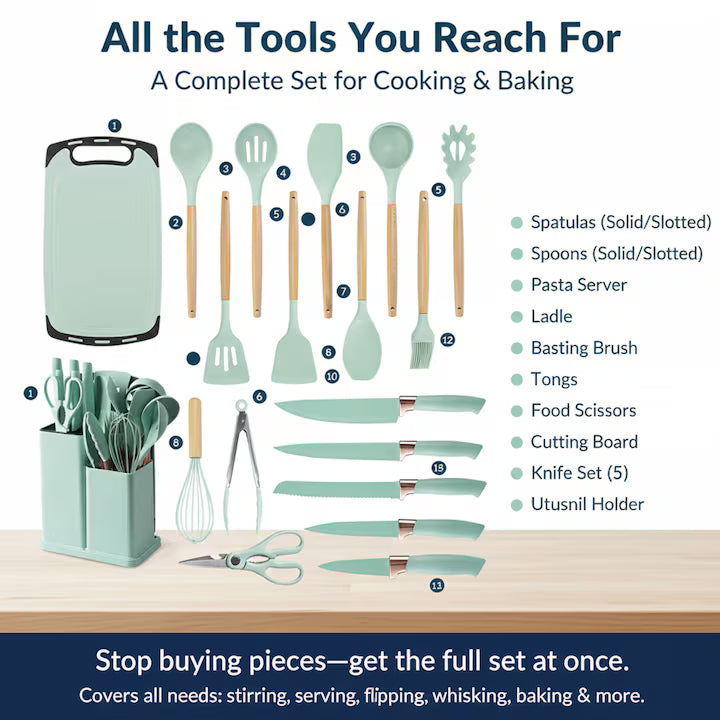 Set Profesional cu 19 Ustensile din Silicon și Lemn pentru Bucătărie
